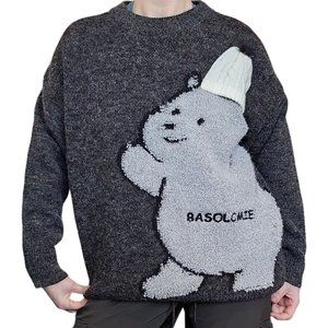 Mens Harajuku Oversize Gray Teddy Bear Sweater Dark Gray Small Wool Mohair Blend